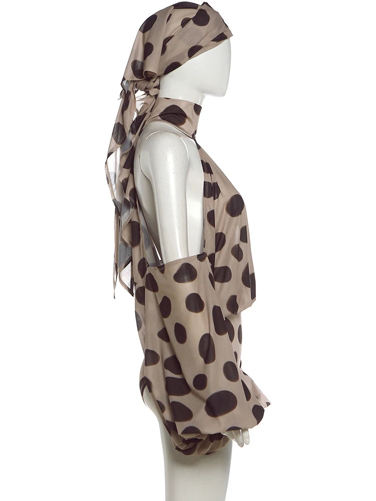 Polka Dot Halter Backless Playsuit With Headscarf for Women