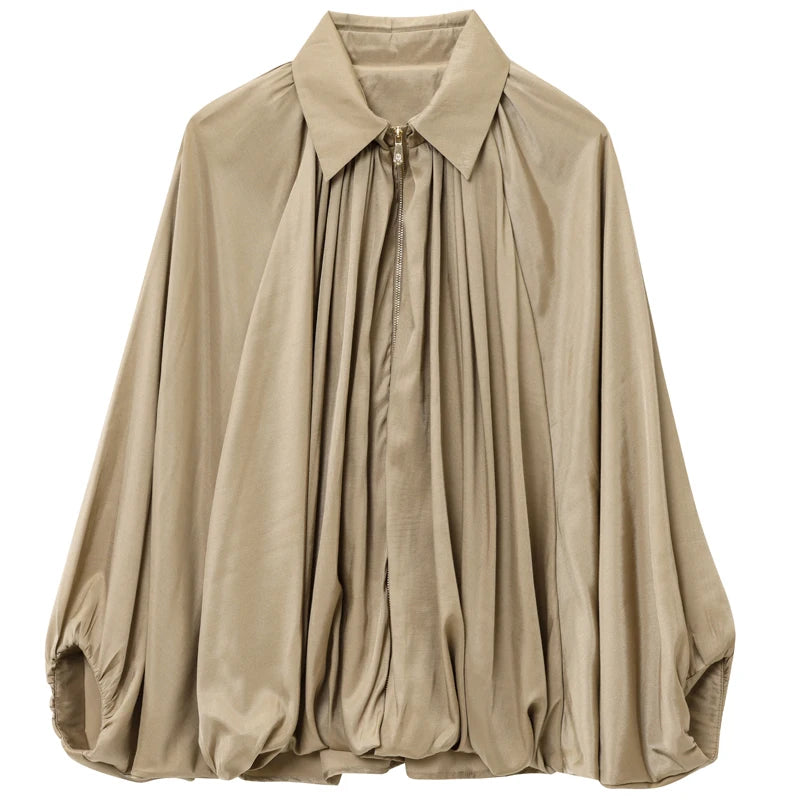 Ruffled Oversized Long Sleeve Bomber Jacket for Women