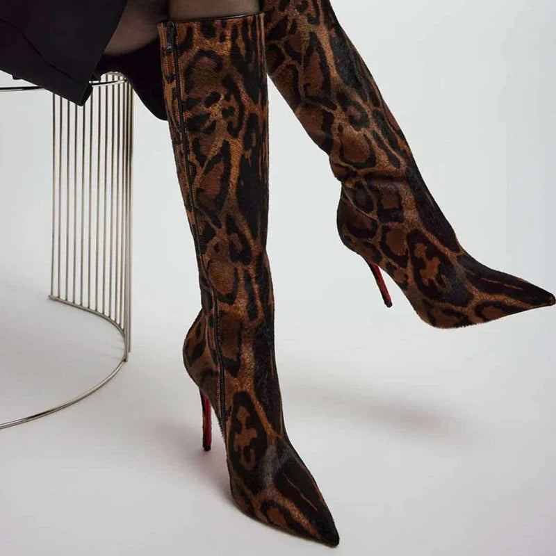 Leopard Print Knee High Boots With Zipper for Women