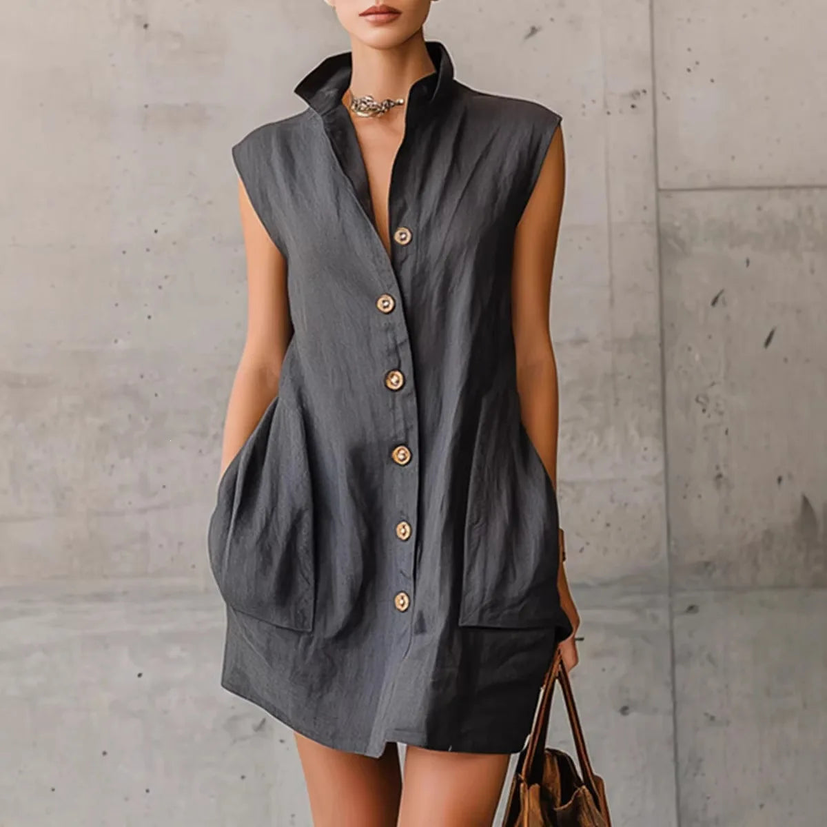 Solid Color Lapel Button Sleeveless Pocket Mini Shirt Dress for Women