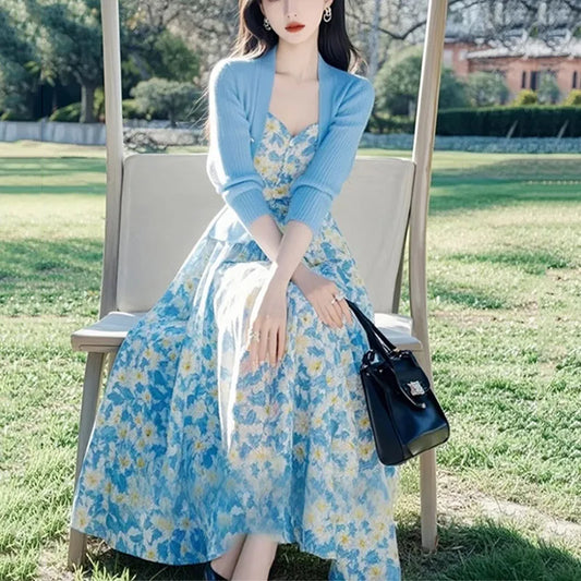 2025 Women's Spring Cardigan Knitted Sweater Top Floral dress Fashion Casual Two-piece Gentle Elegant Luxury Party Vestidos Lady