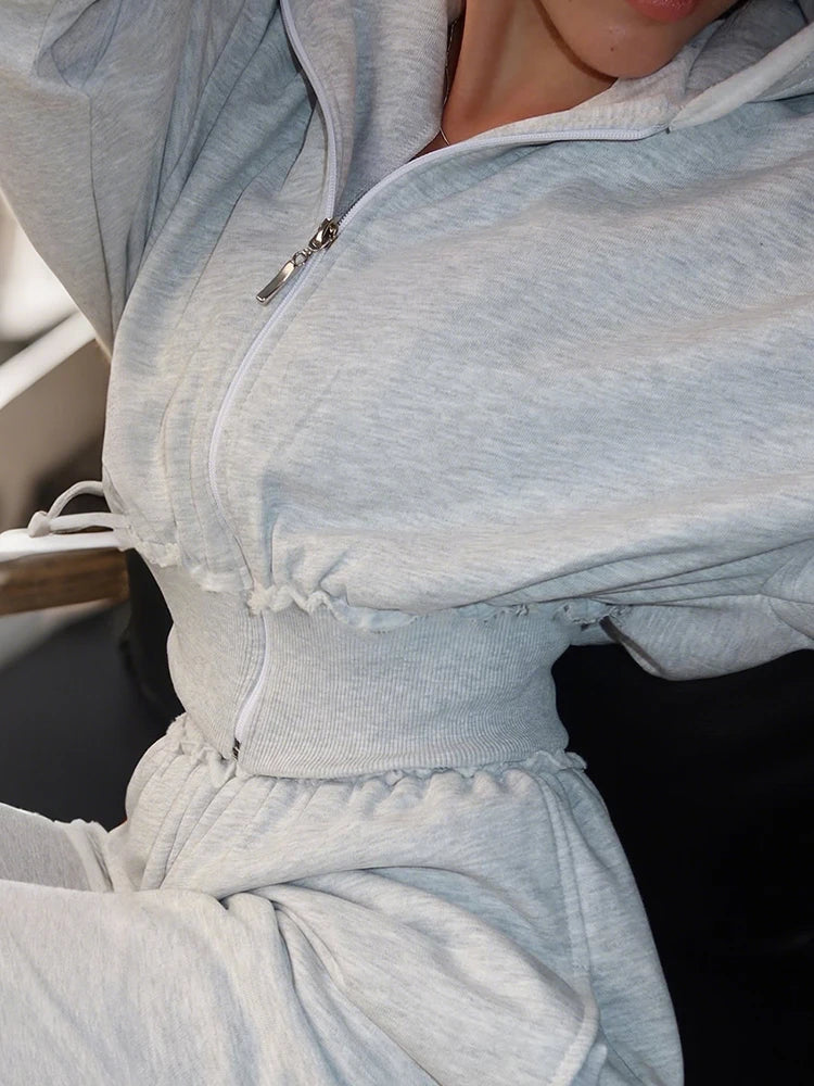 Patchwork Zip Hooded Crop Tracksuit Set