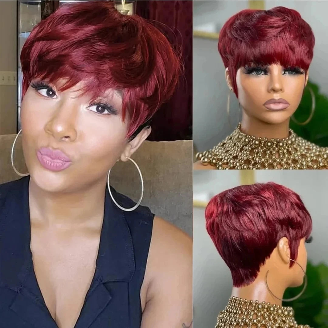 Burgundy Blonde Glueless Short Pixie Cut Human Hair Wig for Women