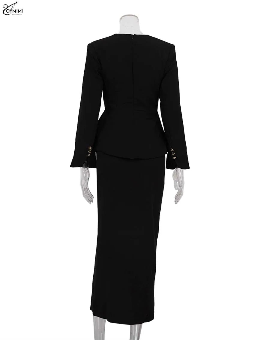 Oymimi Elegant Black Woman 2 Piece Set Outfit Fashion Square Neck Long Sleeve Button Shirts And Straight Ankle-Length Skirts Set