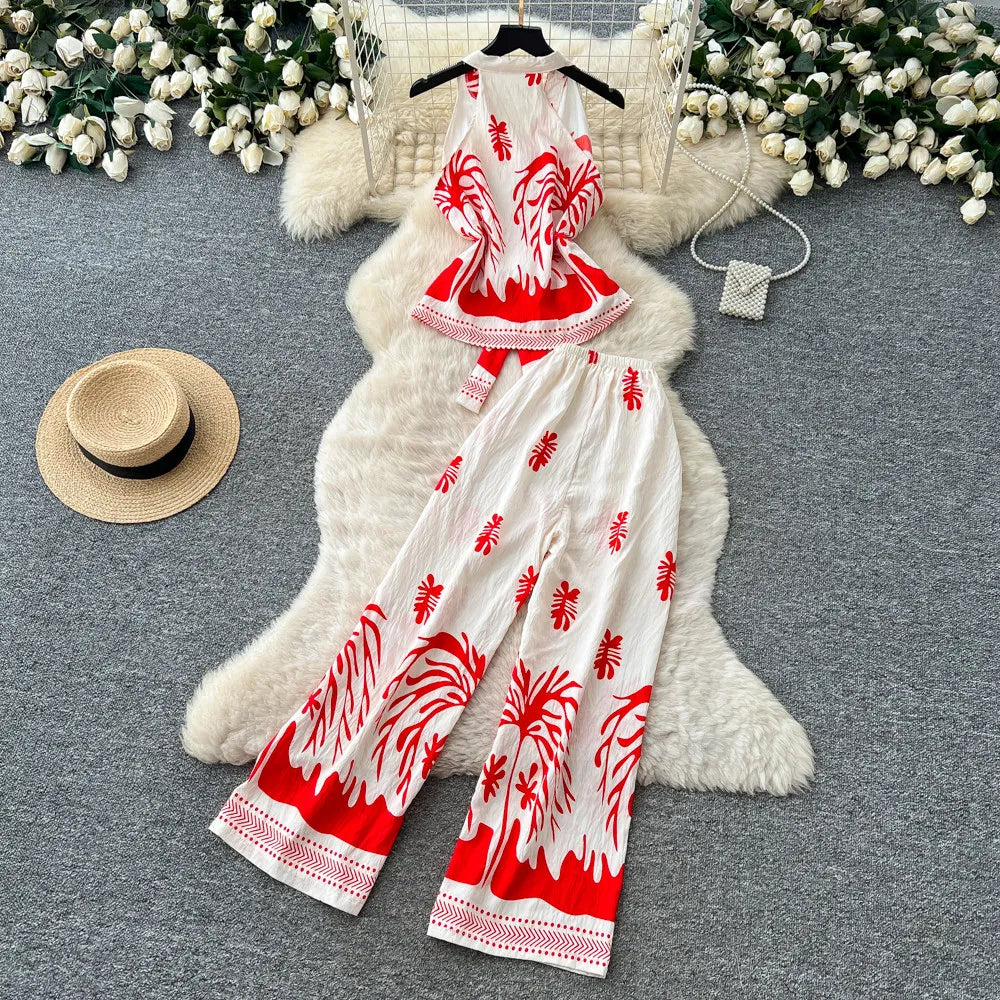 Boho Print Lace-Up Tank Top and Wide-Leg Pants Set for Women