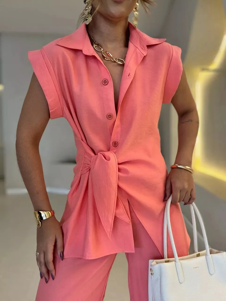 Sleeveless Turn-Down Collar Two-Piece Set for Women