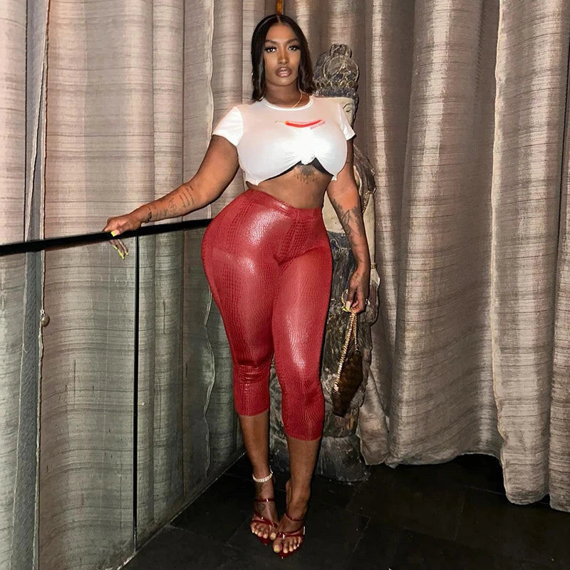 CUTENOVA Sexy Snake Print Solid Color Glossy Elastic High-Waisted Seven-Minute Casual Pants Summer New Women'S Clothing