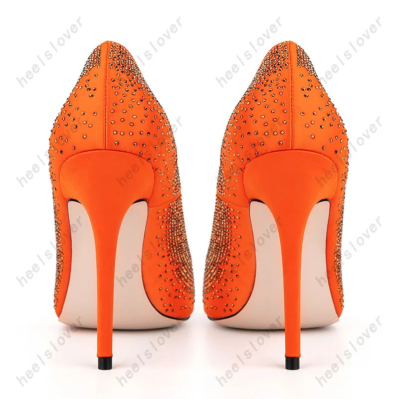 Elegant Orange Rhinestone Pointed Toe Pumps For Women