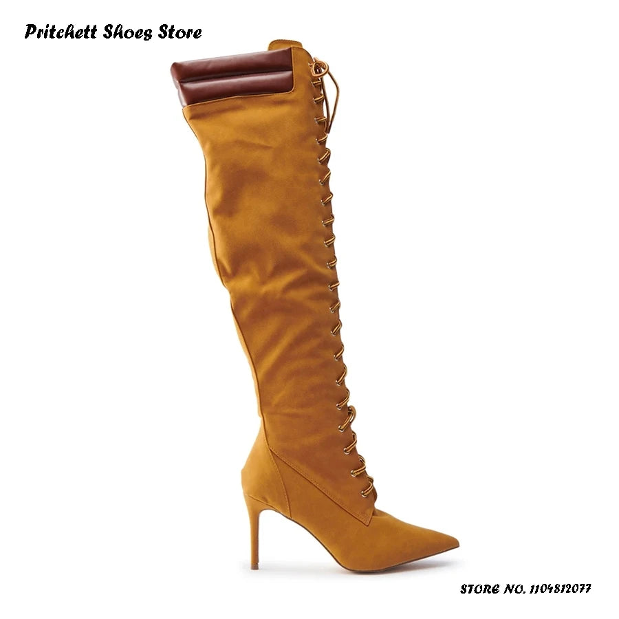 Cross Tied Pointed Toe Knee High Boots With Side Zipper For Women