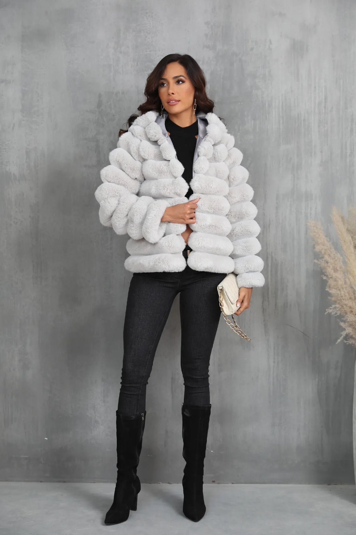 Warm Hooded Short Faux Fur Coat With Turn Down Collar for Women