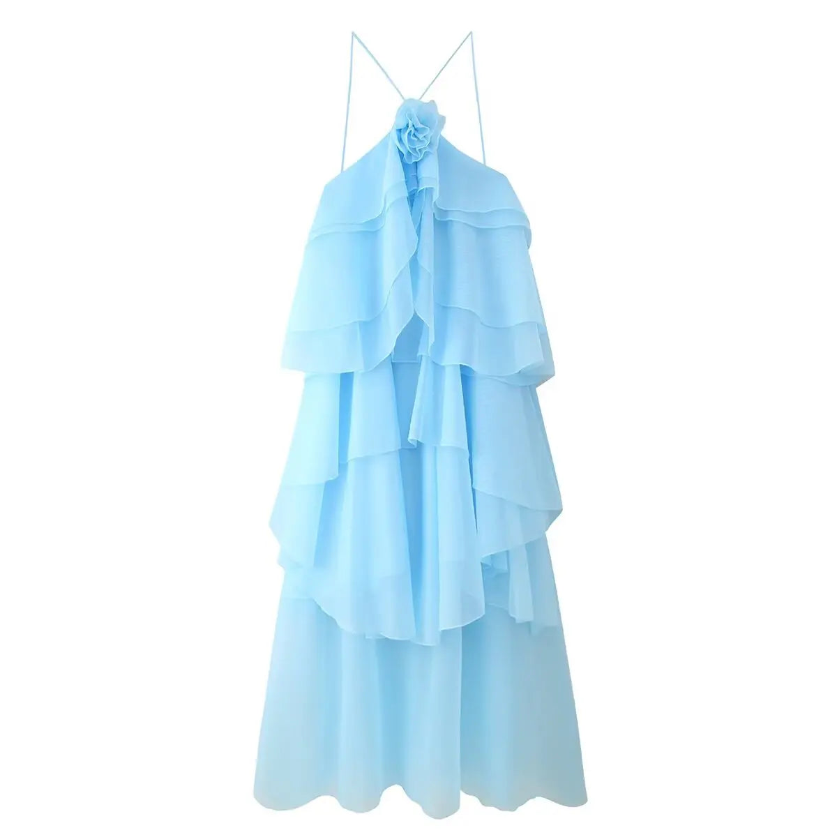 Backless 3D Flower Cascading Ruffle Halter Maxi Dress For Women