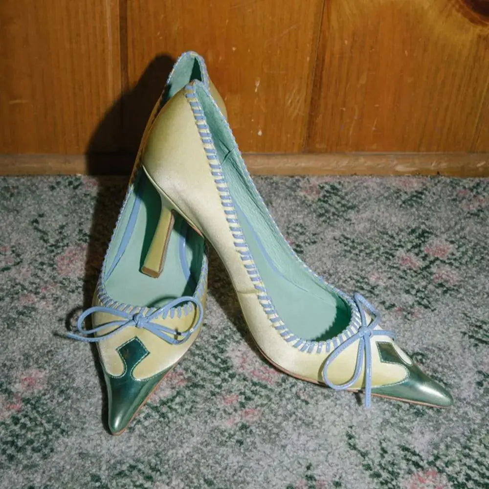 Mint Green Satin Bow Accent Pointed-Toe Pumps for Women