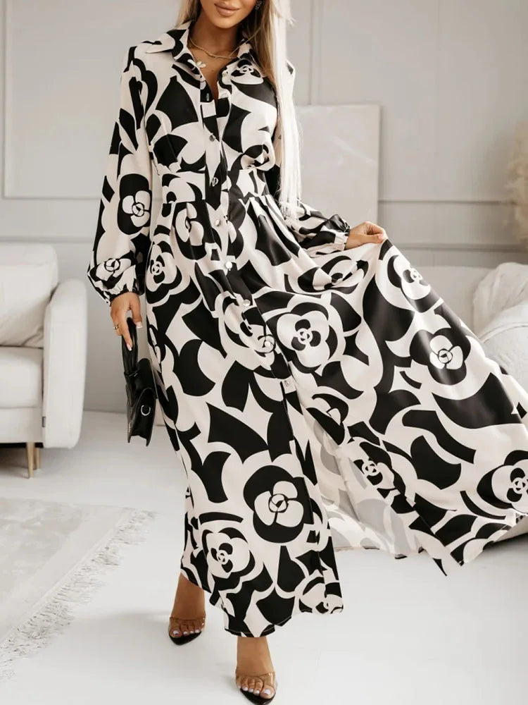 Elegant Turn-down Collar Button Split Long Dress Women Retro Floral Print Office Shirt Dress Autumn Long Sleeve Loose Maxi Dress