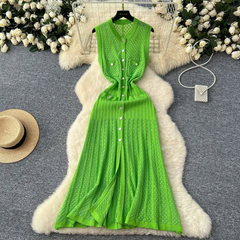 Sleeveless Knitted Bodycon Mid Calf Dress for Women