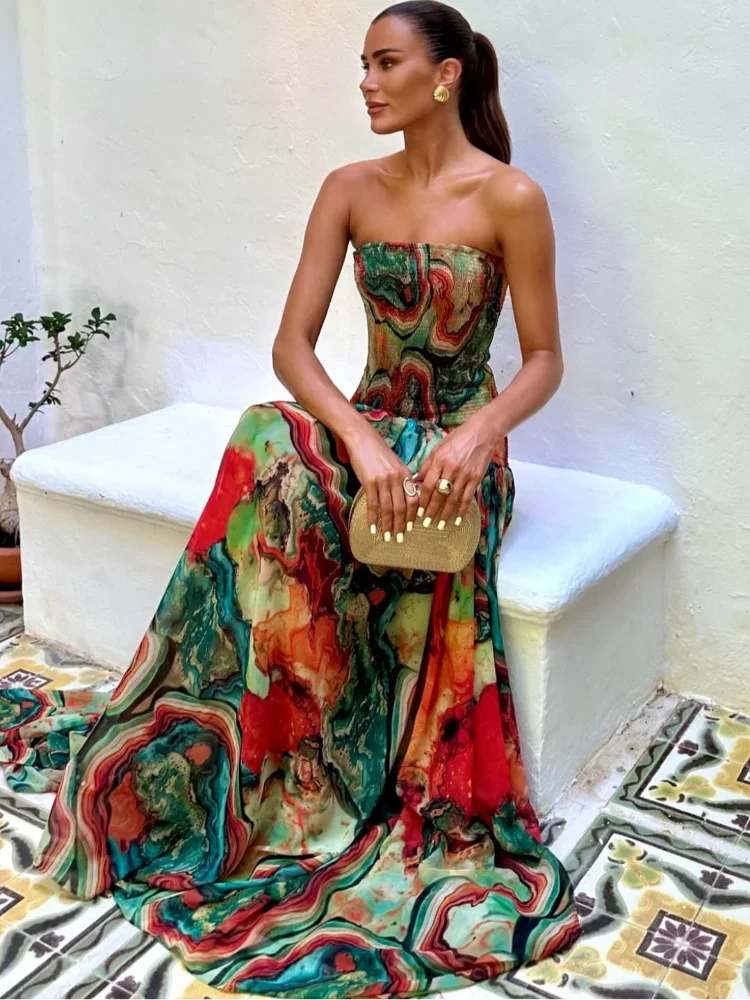 Strapless Pleated Waist Printed Cocktail Dress For Women