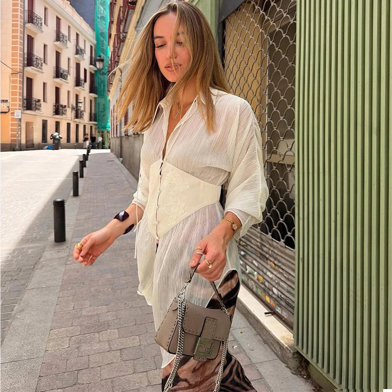 Elegant See-Through Patchwork Long Sleeve Top for Women