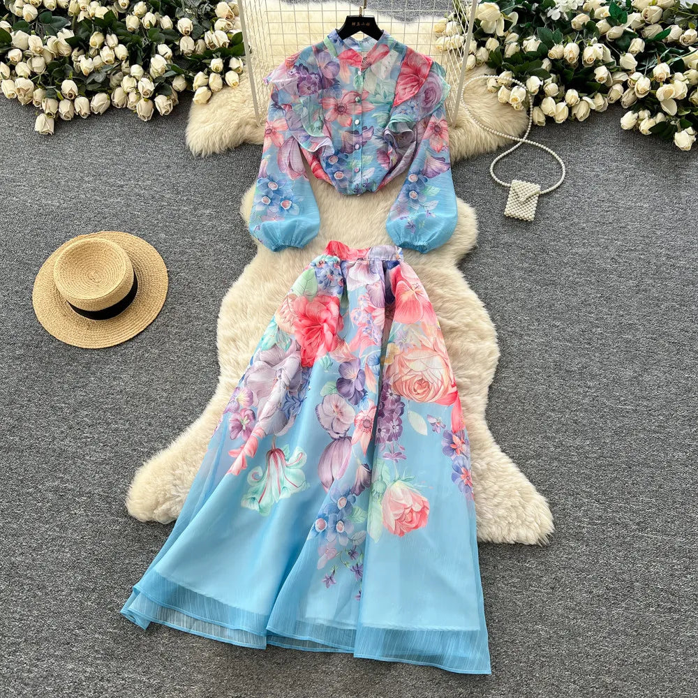 Floral Two Piece Skirt Set With Long Sleeves for Women