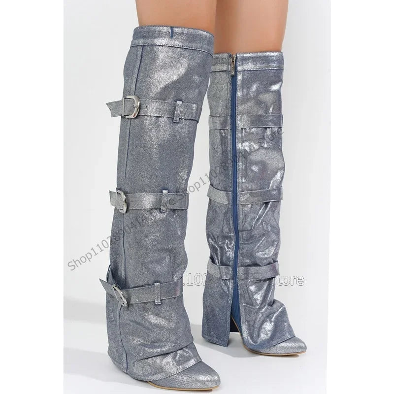 Black Pointed Toe Knee High Boots With Side Zipper For Women