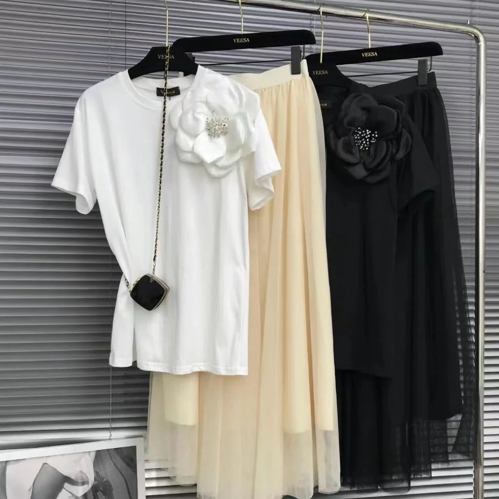 Three-Dimensional Beaded Floral Embroidery Short Sleeve T Shirt for Women
