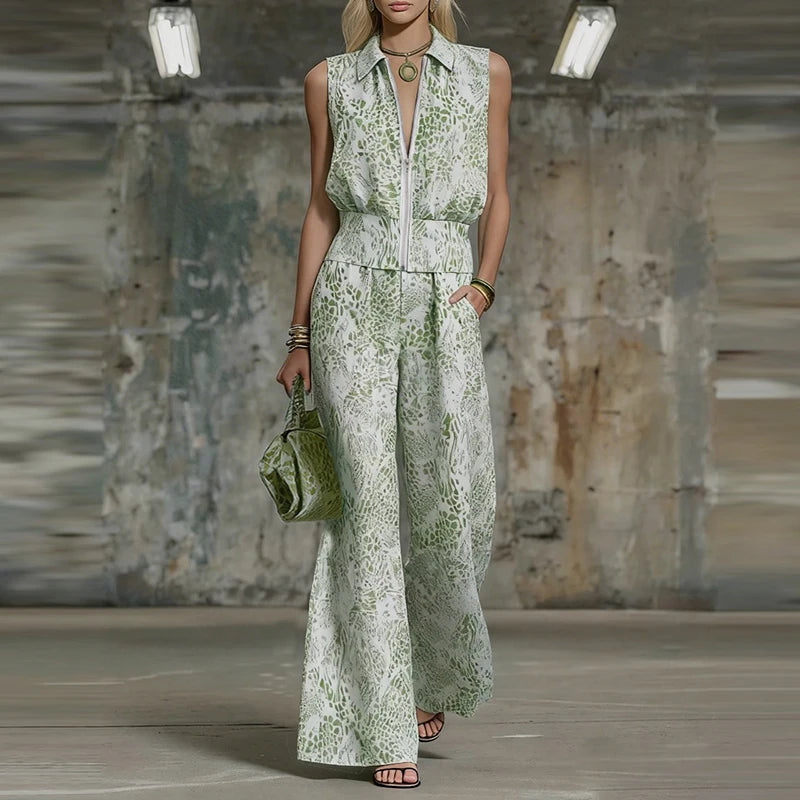 Printed Sleeveless Wide Leg Pants Suit Set for Women