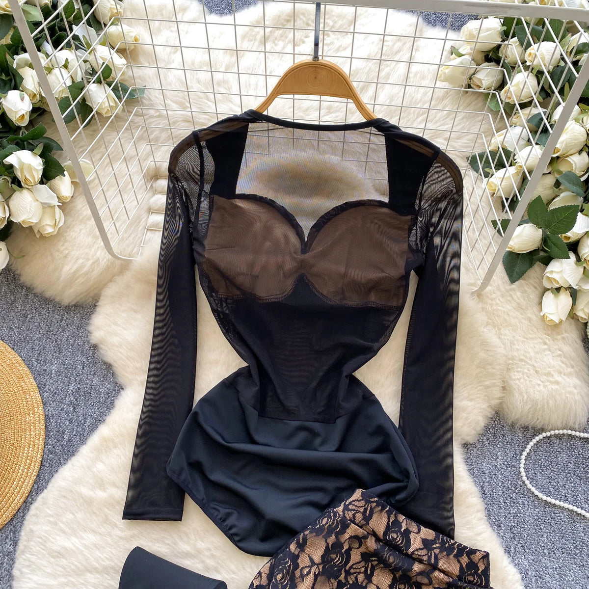 Floral Lace Mesh Bodysuit and Ruffle Mini Skirt Set for Women