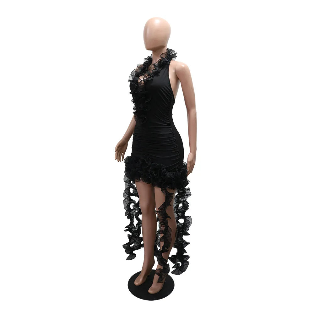 Elegant Patchwork Ruffle Halter Neck Long Dress for Women