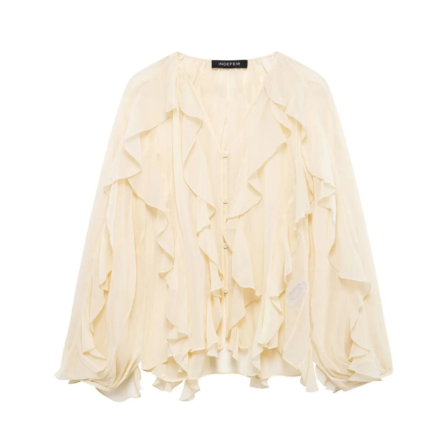 TRAFZA 2025 Women Elegant Solid Ruffles Blouse Spring Female V-Neck Long Sleeved Gauze Shirt Casual Hollow Out Lady Clothes