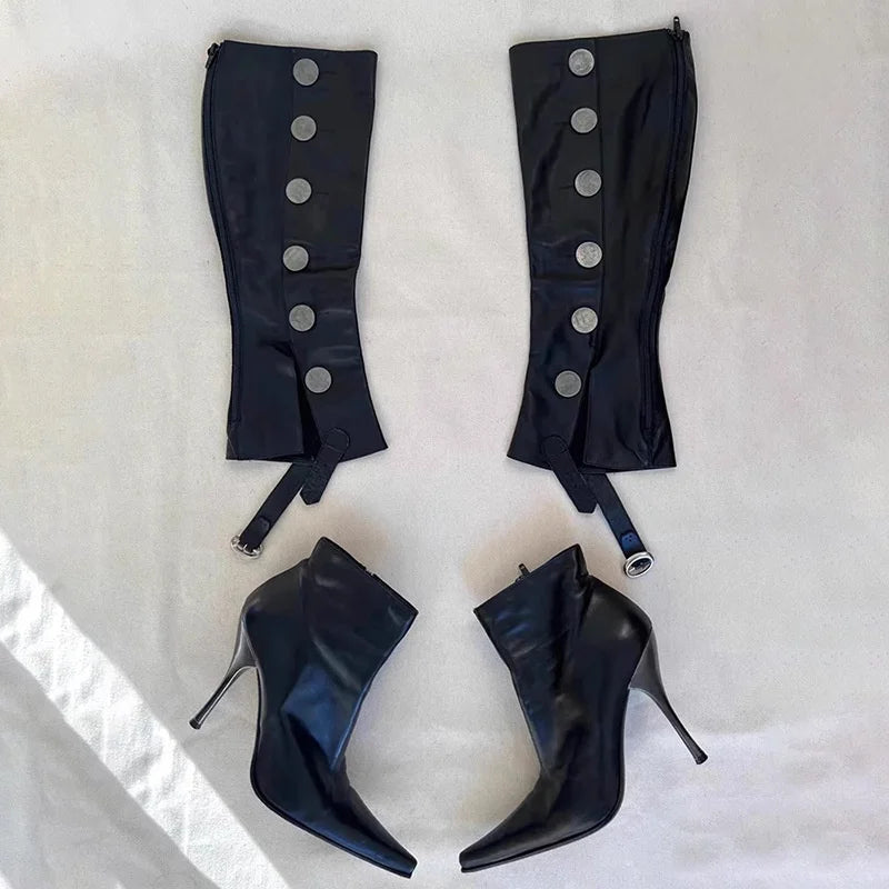 Button Detail Pointed Toe Knee High Boots for Women
