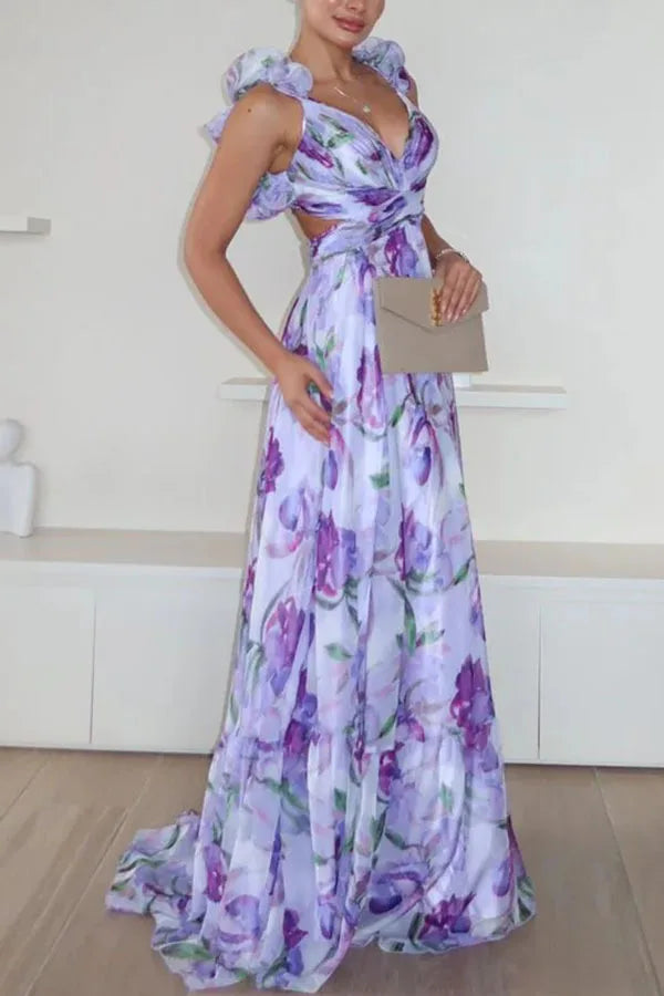 2025 Sexy Printed Chiffon Long Dress Summer Fashion Elegant V Neck Ruffles Edge Slim Vacation Sleeveless Backless Party Dresses