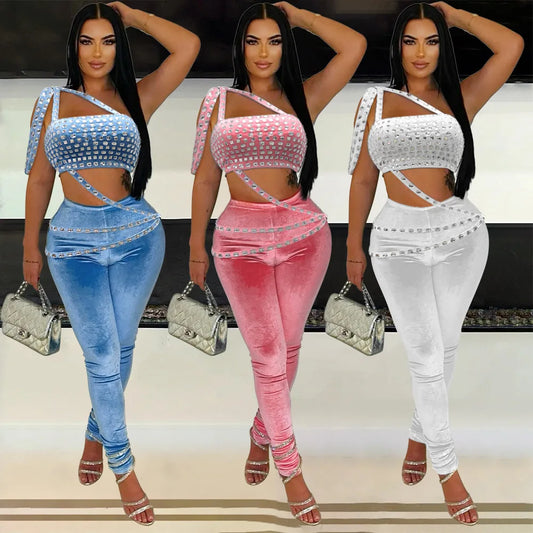 Rhinestone Velvet Two Piece Pants Outfit for Women