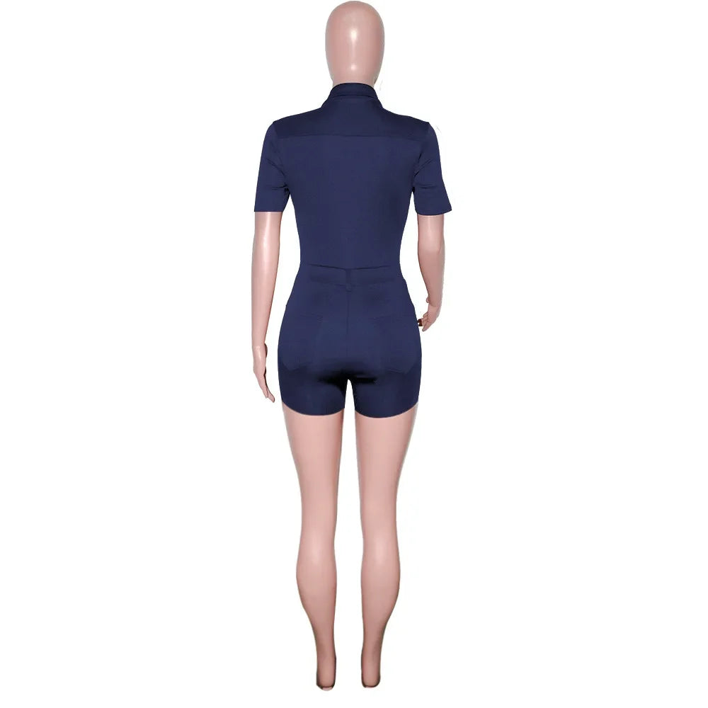 Summer V Neck Mesh Cargo Short Jumpsuit for Women