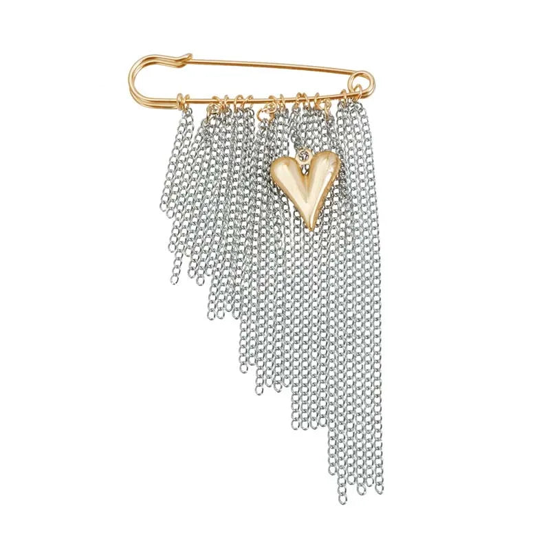 Layered Pearl Heart and Star Tassel Brooch for Women
