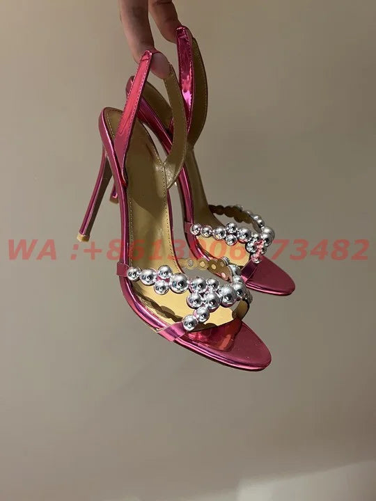 Metallic Leather Open Toe Slingback High Heel Sandals For Women