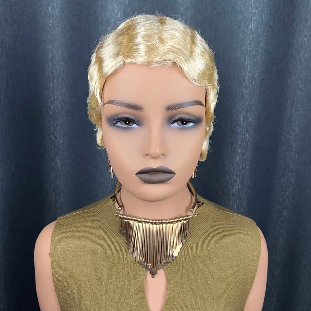 Blonde Finger Wave Pixie Cut Human Hair Wig For Women