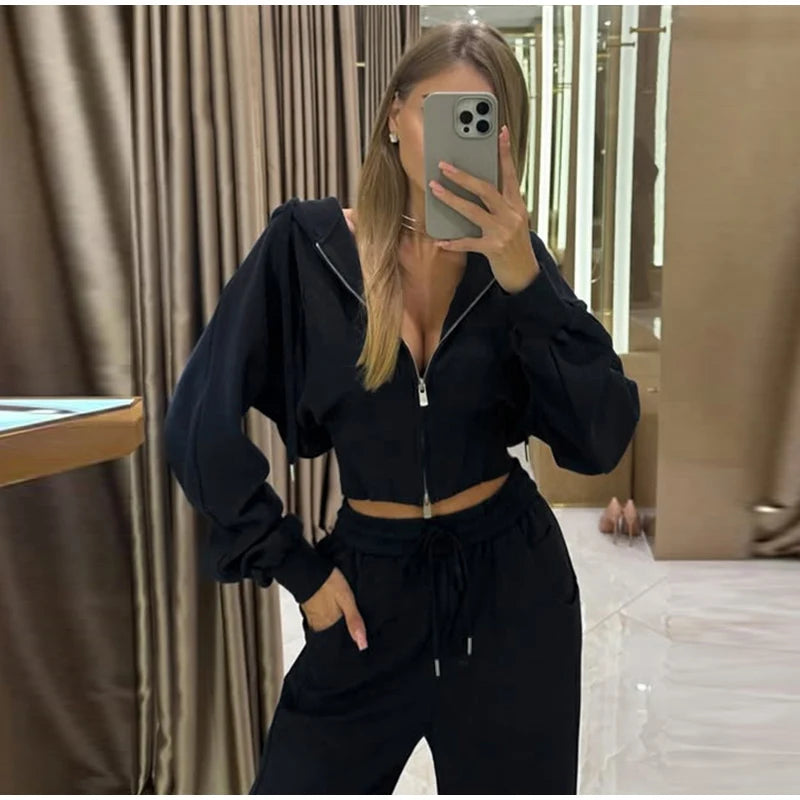 Zip Up Corset Hoodie And Wide Leg Sweatpants Two Piece Set For Women