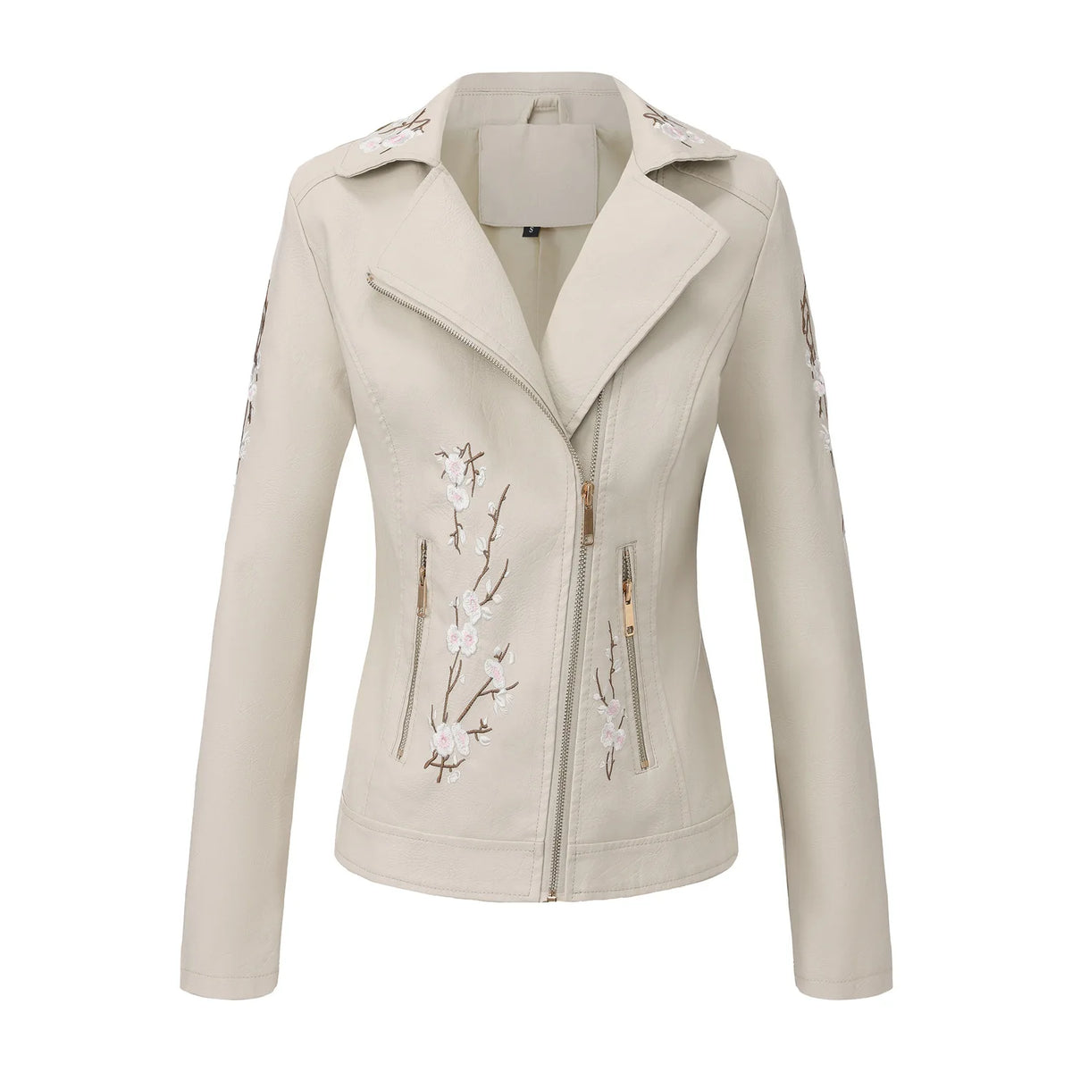 Embroidered Faux Leather Motorcycle Jacket for Women
