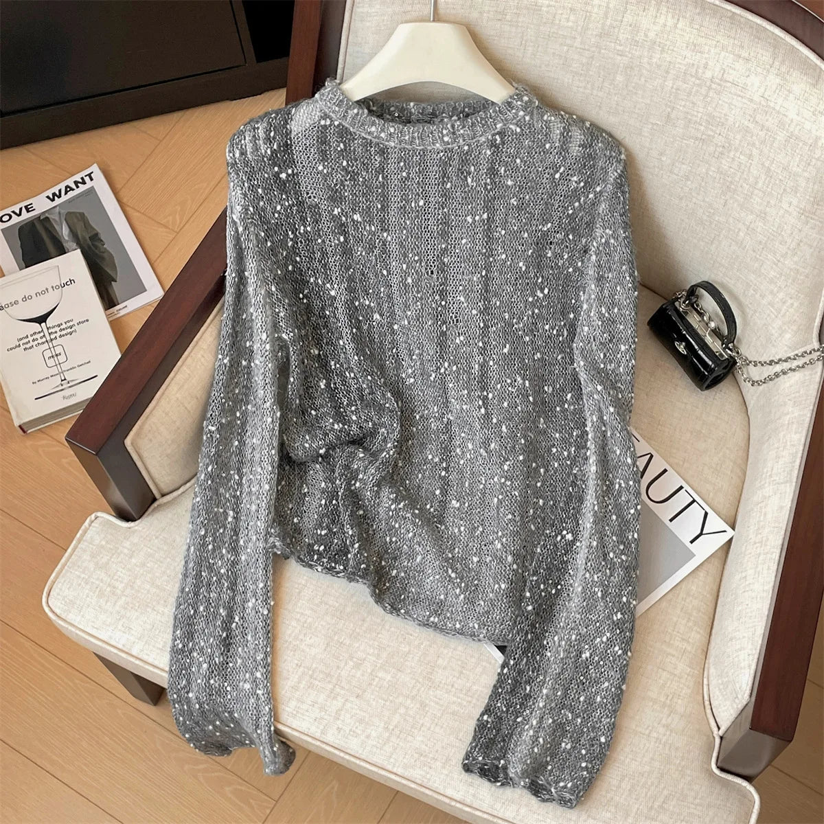 Sequin Round Neck Long Sleeve Knit Sweater for Women