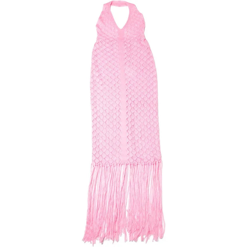 Elegant See Through Crochet Tassel Halter Dress for Women