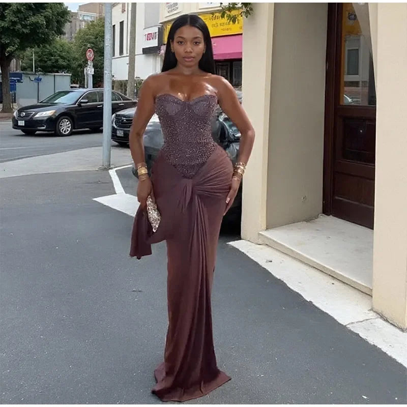 Solid Sexy Strapless Sequin Patchwork Dress Women Sleeveless Backless Cinched-waist Pleated Maxi Dresses Lady Party Evening Gown