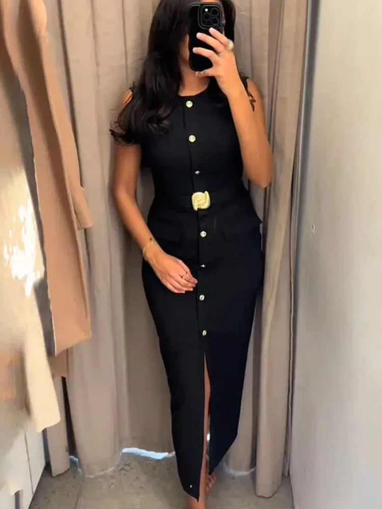 Sleek Belted Round Neck Classic Office Suit Set for Women
