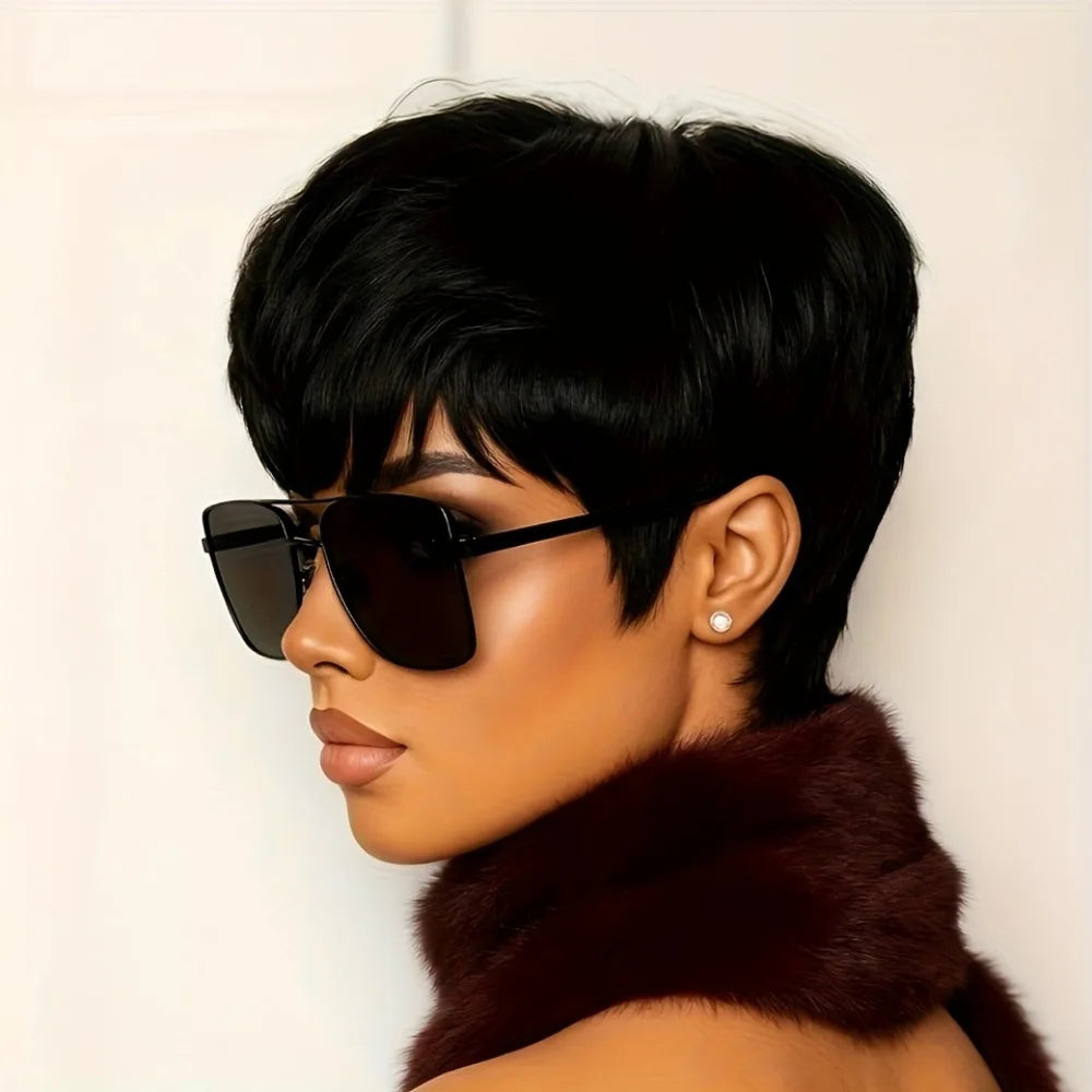 Natural Straight Human Hair Pixie Cut Wig With Bangs For Women
