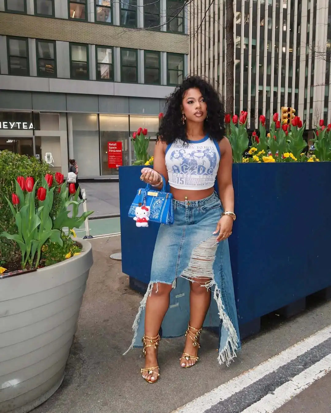 Distressed High Waist Denim Skirt With Irregular Hem For Women