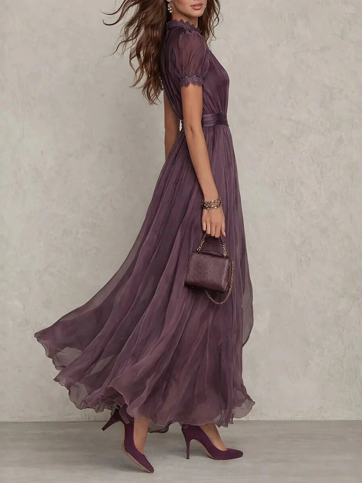 Elegant Lace Trim Chiffon Maxi Evening Dress for Women