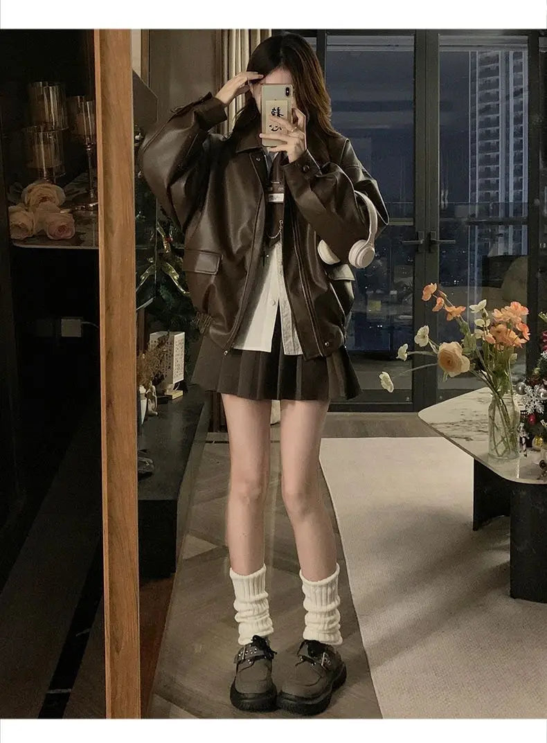 Short American Retro PU Leather Baseball Jacket for Women