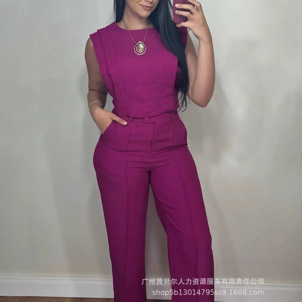 Two Piece Sets Women Pant Set Matching Sets Vest Short Tops High Waist Wide Leg Long Pants Casual Work Elegant Y2k Streetwear