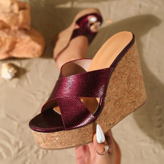 Wood Print Cross Strap Wedge Slide