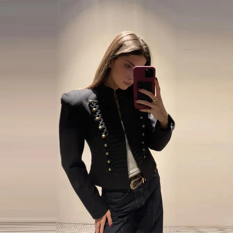 Chic Shoulder Padded Stand Collar Full Sleeve Blazer for Women