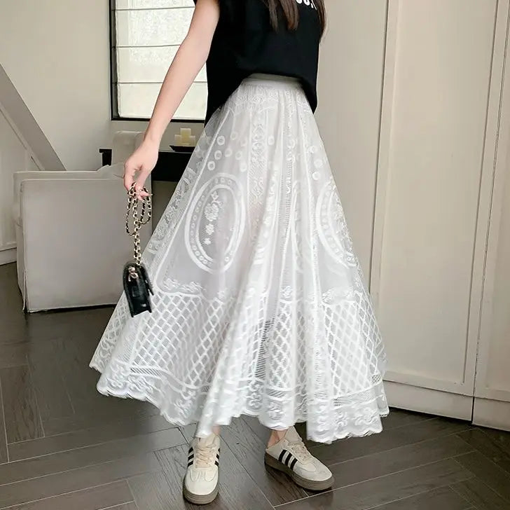 High Waisted Lace A Line Swing Midi Skirt for Women