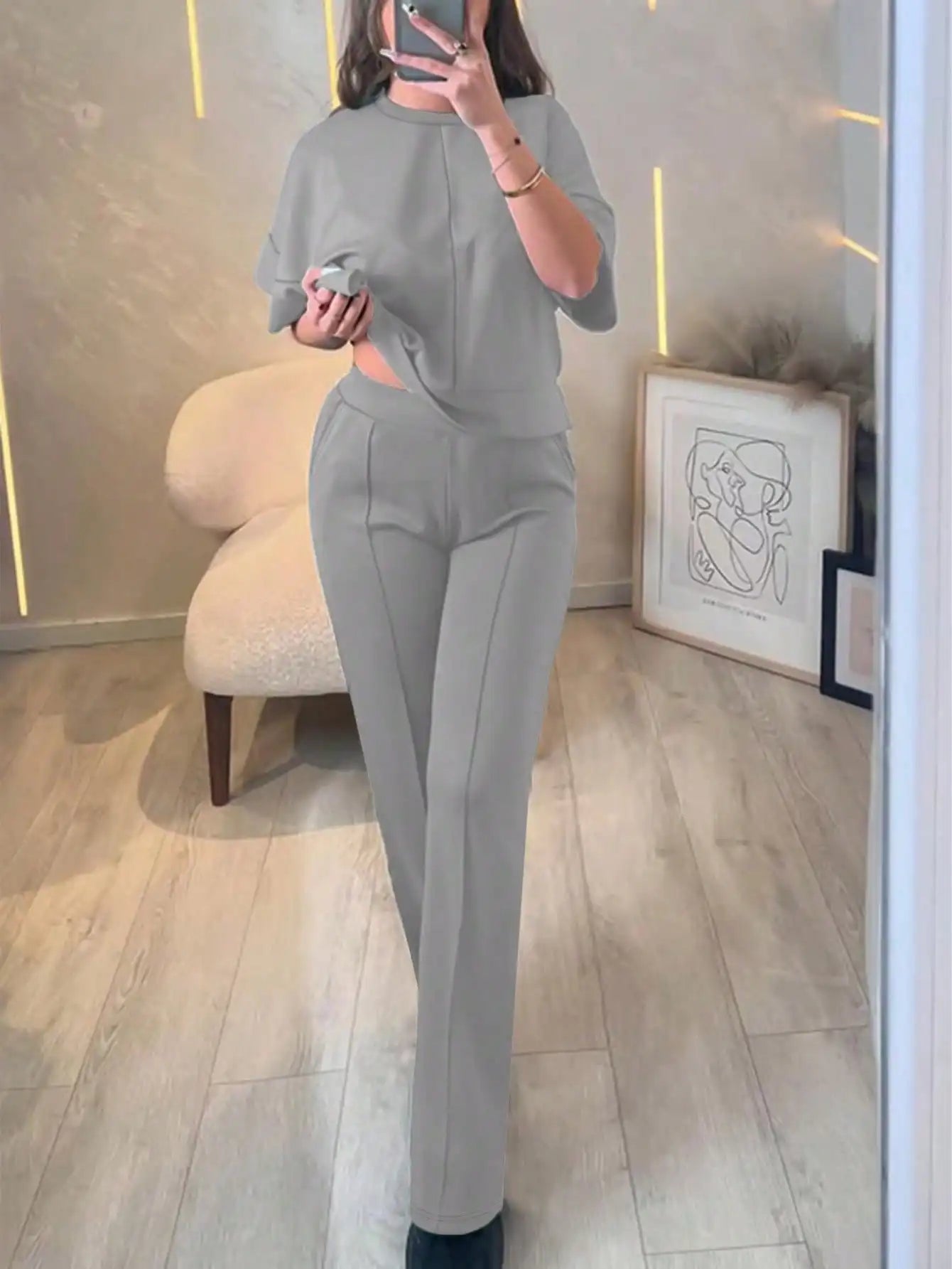New Spring and Summer Ladies' Set: Comfortable Solid-Color Short-Sleeve Top with Elastic Waist Pocketed Long Pants Two-Piece Set, Soft Stretch Polyester-Acrylic Fabric