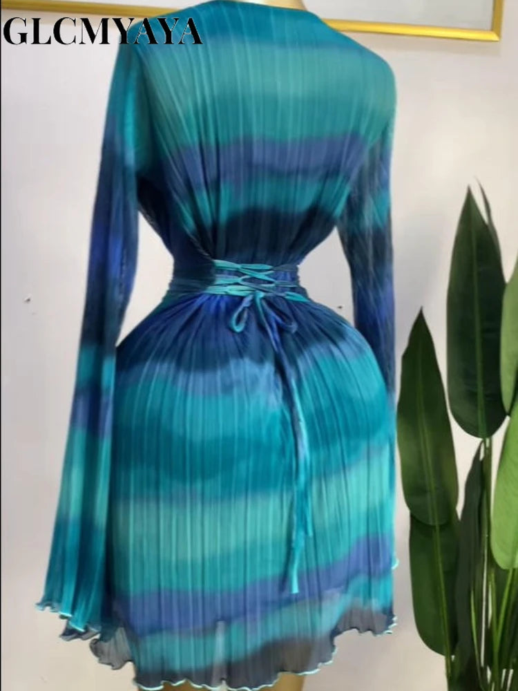 CM.YAYA Women Tie Dye Lace Up Back with Scarf Bodycon Midi Long Sleeve Pleated Maxi Dress Party Education Vacation Long Dresses